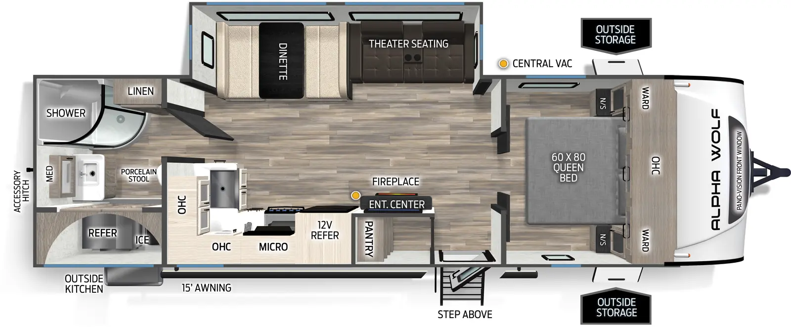 The Alpha Wolf 25RB floorplan has one entry and one slide out. Exterior features include: fiberglass exterior, 15' awning and outside kitchen. Interiors features include: front bedroom and rear bathroom.